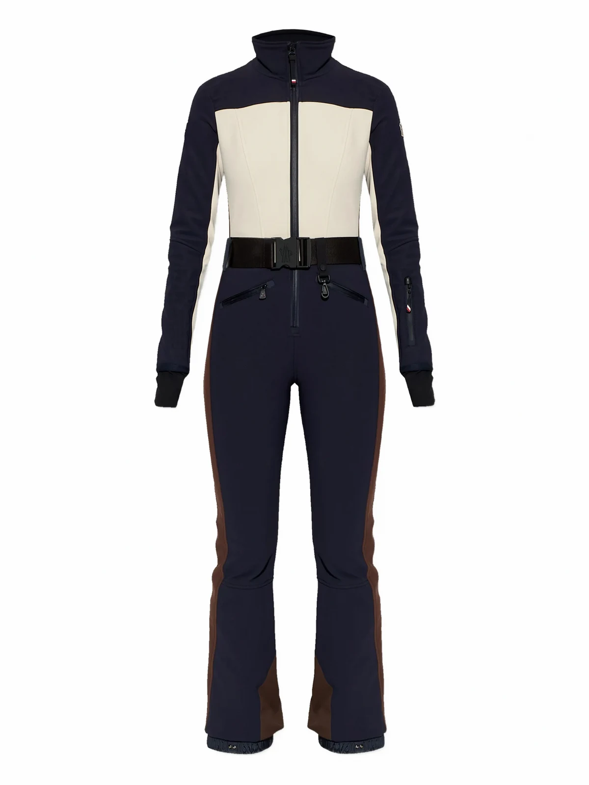 belted colour-block ski suit
