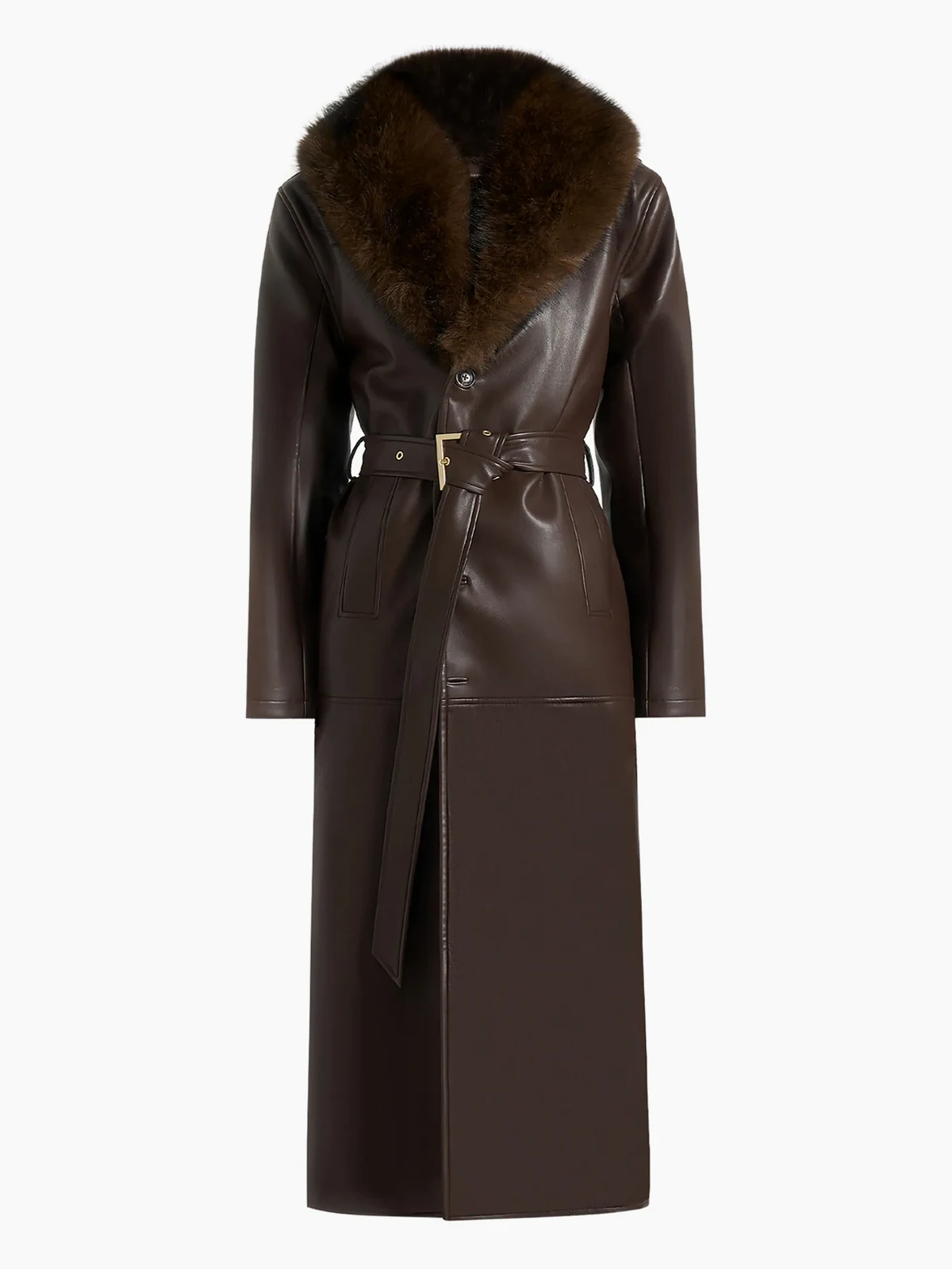 Cenya faux fur-collar faux-leather brown belted coat