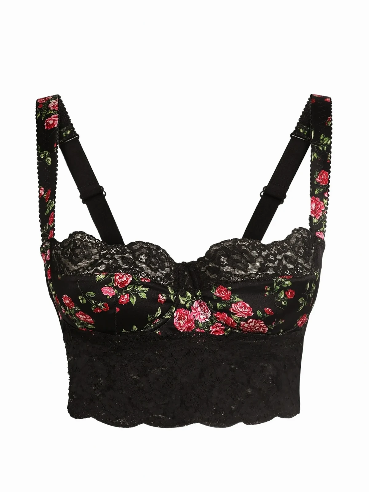 Kleiner Satin- und Spitzen-Balconette-BH mit Rosen-Bouquet-Print