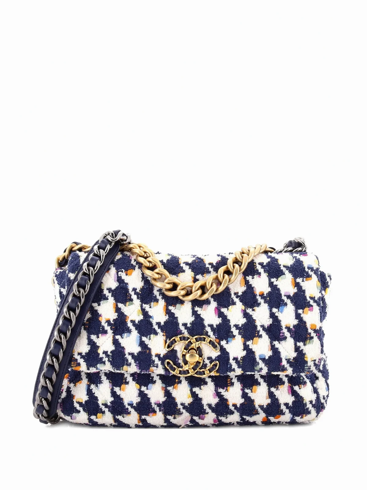 Mittelgroße Flap Bag Schultertasche aus gestepptem Tweed mit Hahnentrittmuster 19cm
