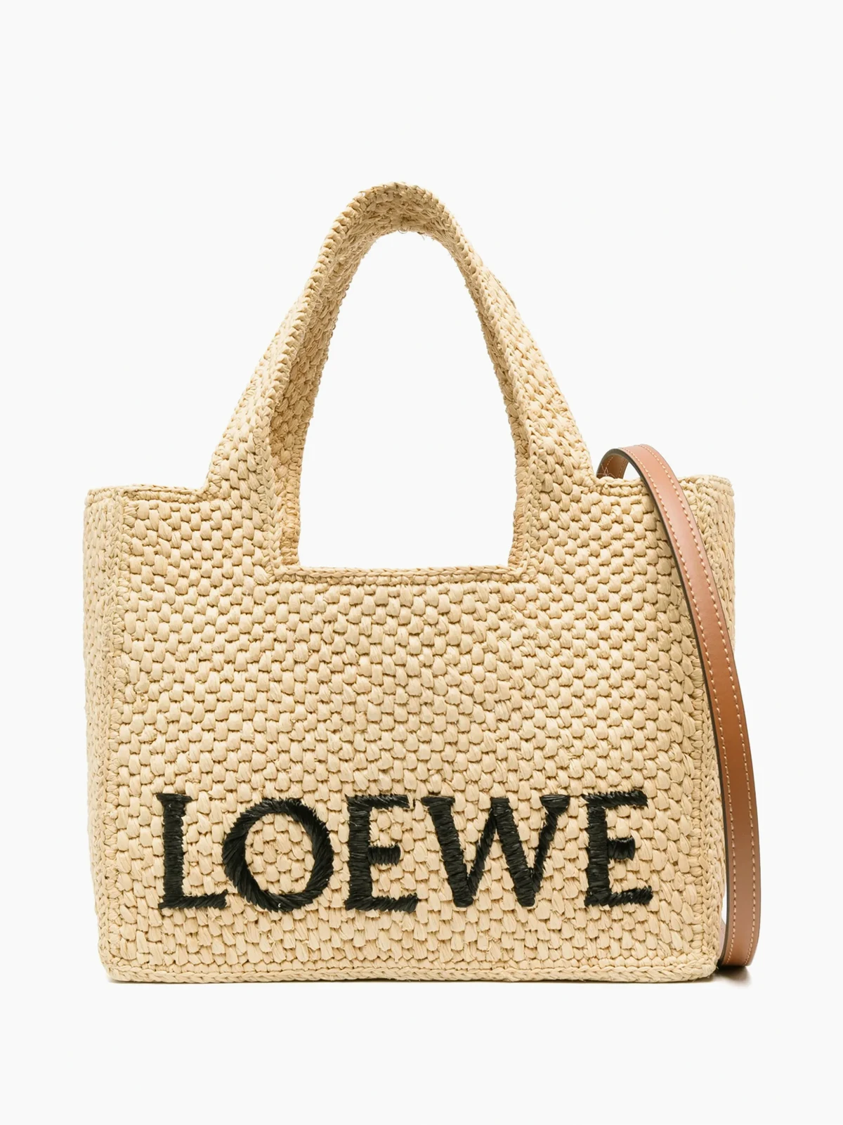 logo-embroidered raffia tote bag