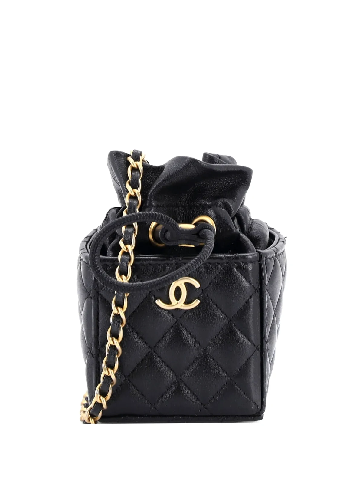 Drawstring Square Quilted Calfskin Mini bucket bag