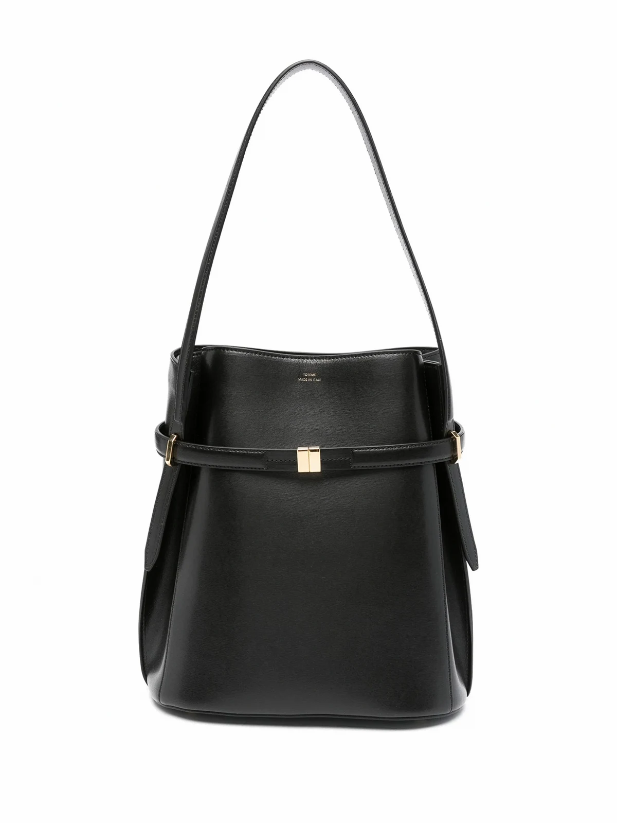 belted leather bucket bag