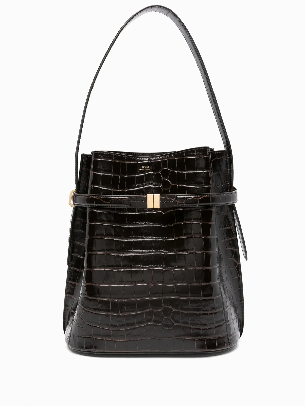 belted crocodile-embossed bucket bag