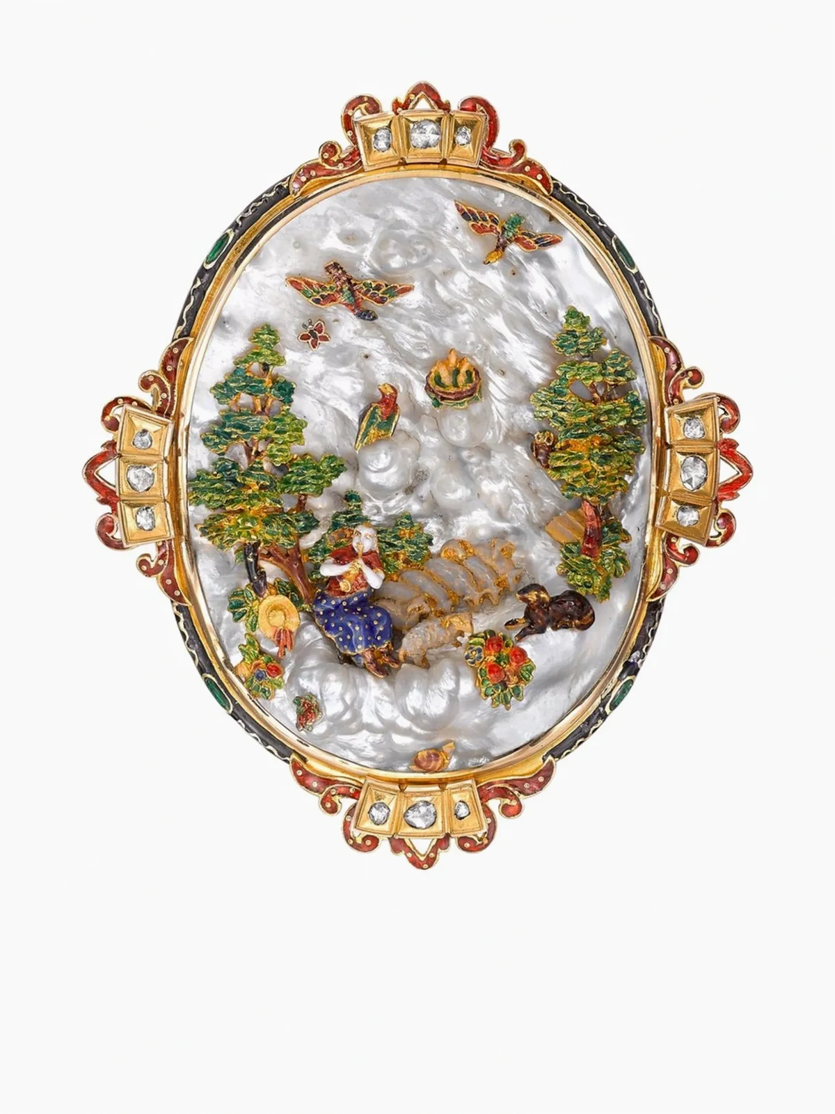 Victorian 15kt yellow gold mother-of-pearl and diamond brooch