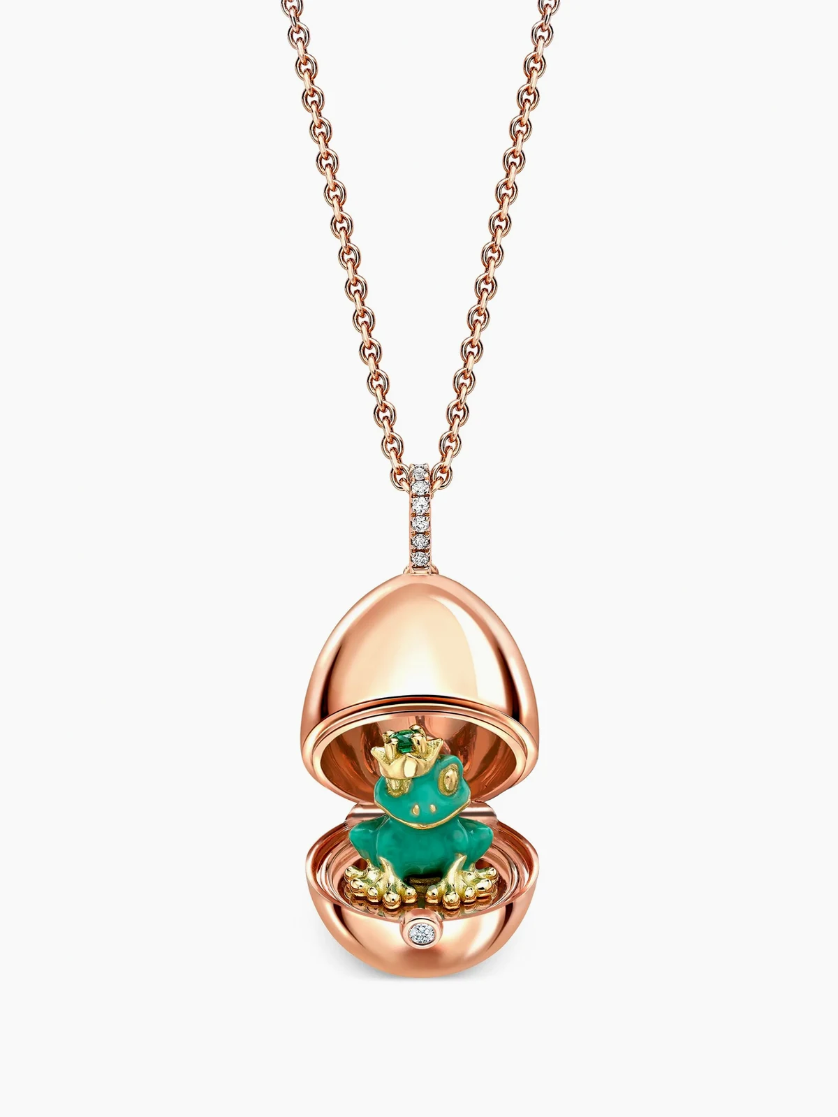 18kt Fabergé Essence Frog Surprise Rotgoldhalskette mit Diamant-Medaillon
