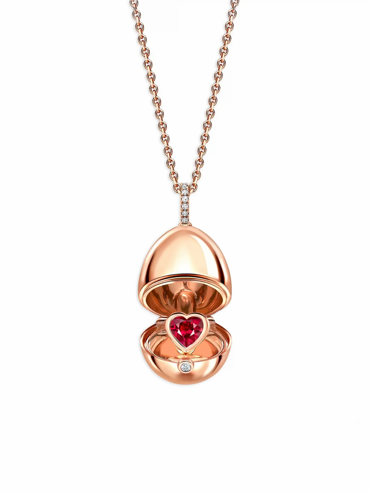 18kt Fabergé Essence Heart Surprise Rotgoldhalskette mit Rubin-Medaillon