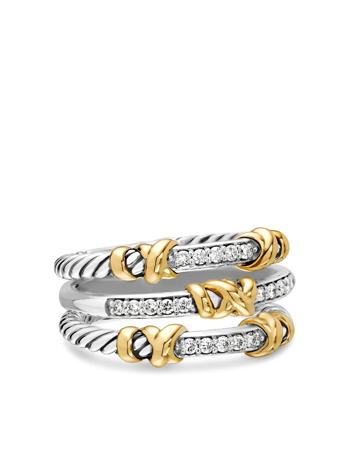 18kt Petite Helena Wrap Three Row Gelbgold- und Sterlingsilberring mit Diamanten 12mm