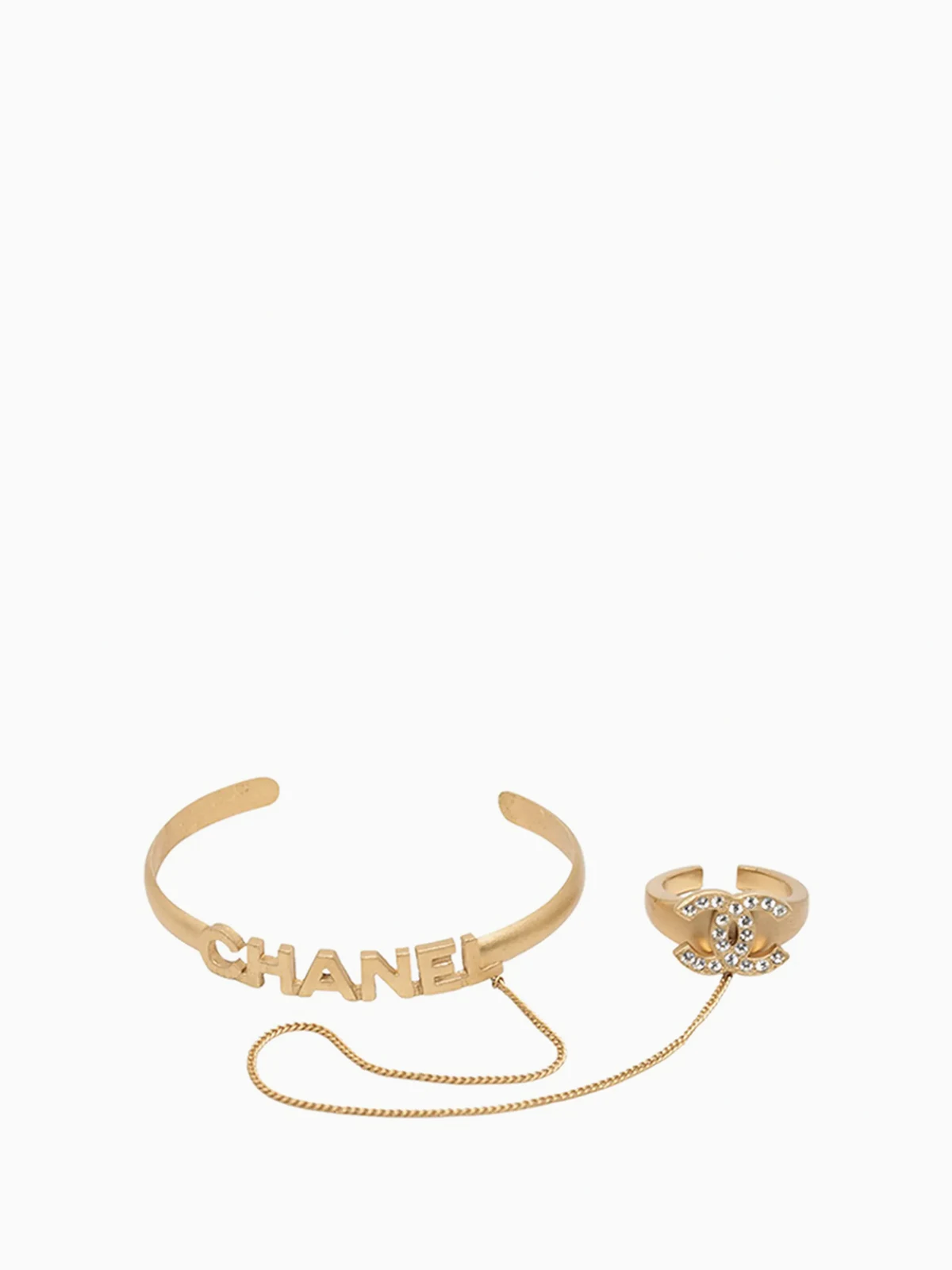 2001 CC Gold Plated Rhinestone Logo Cuff Bracelet and Ring Set costume bracelet