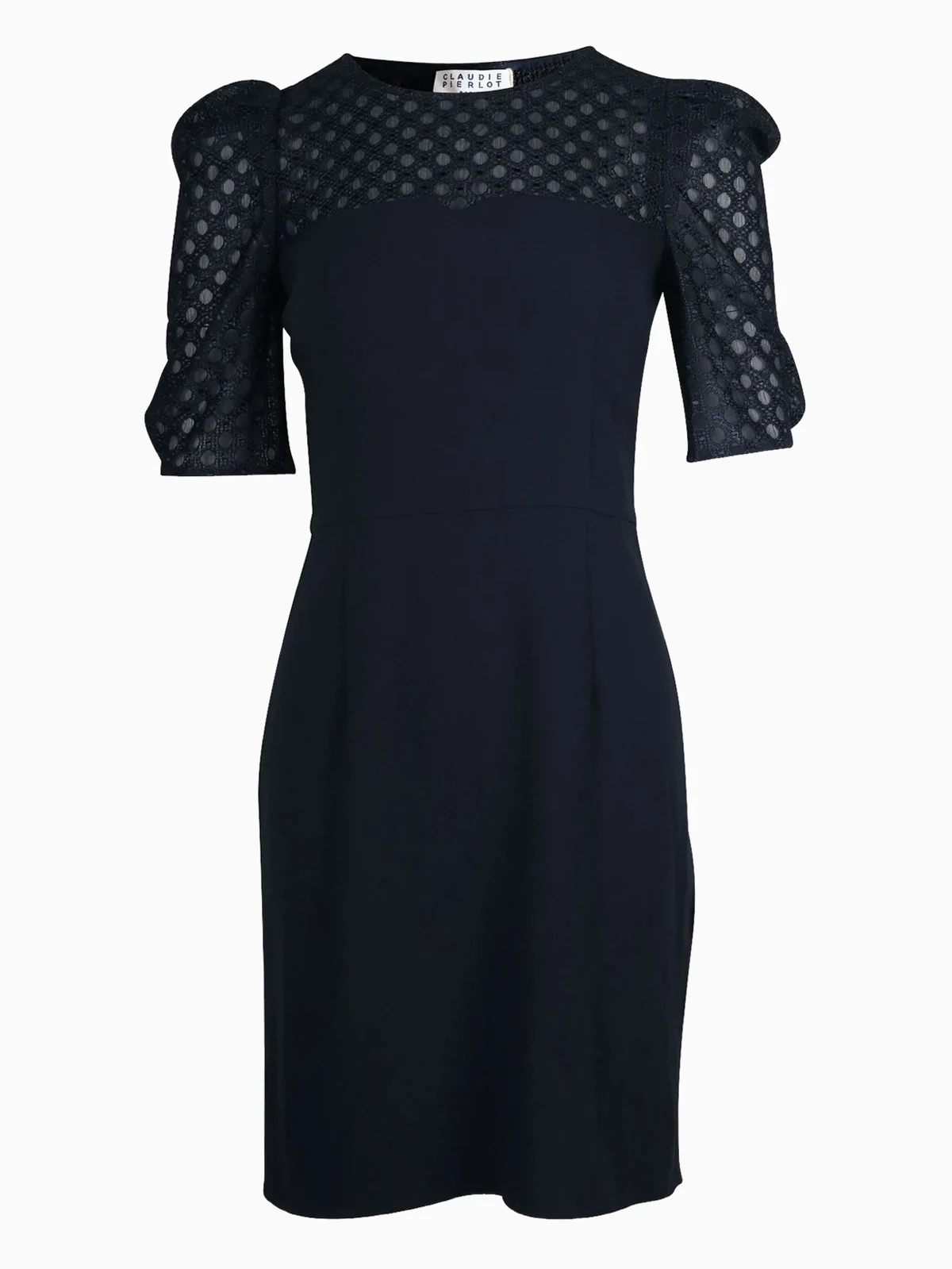 puff-sleeve lace-insert dress