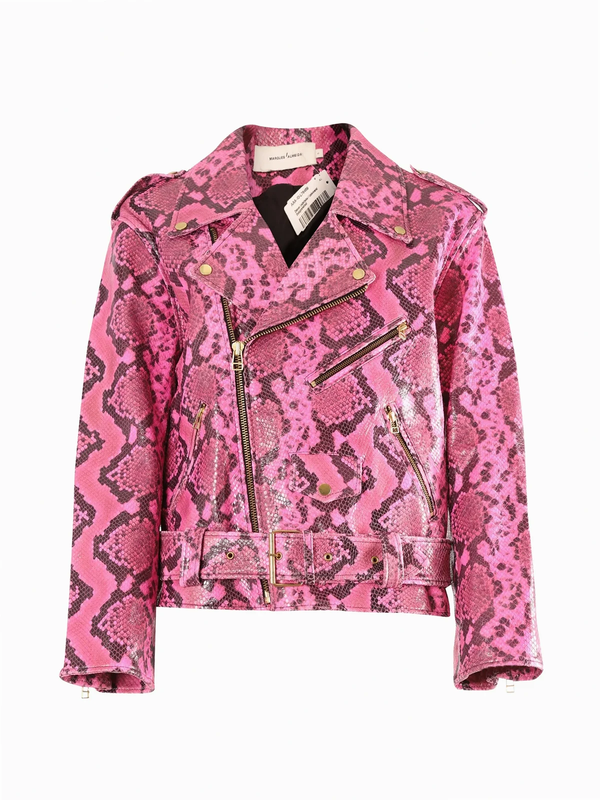 python-print belted biker jacket