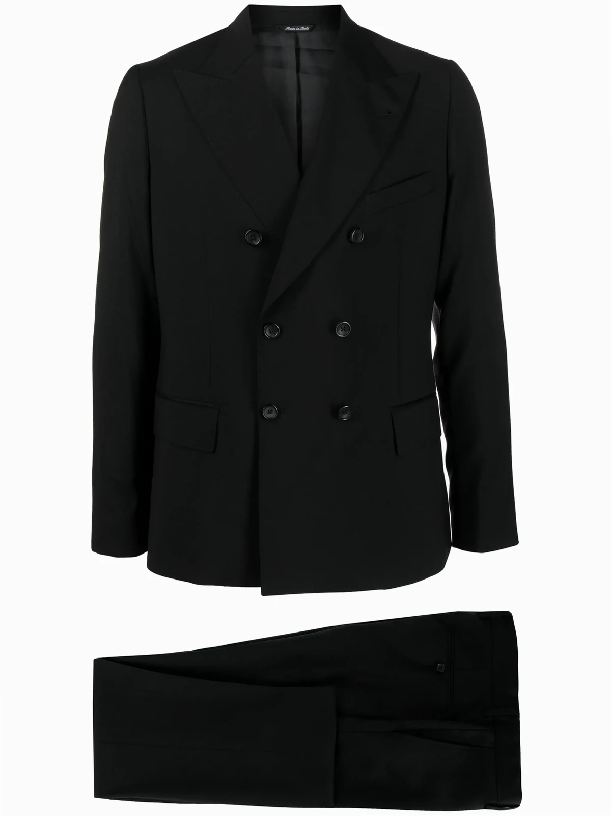 peak-lapel wool double-breasted suit