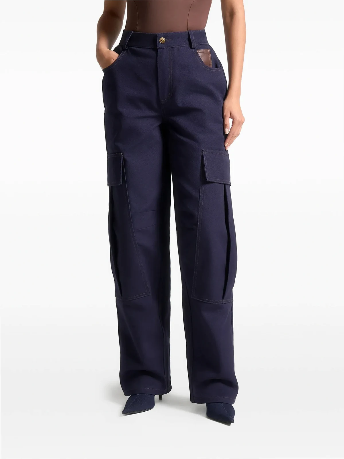 high-rise drill blue cargo pants