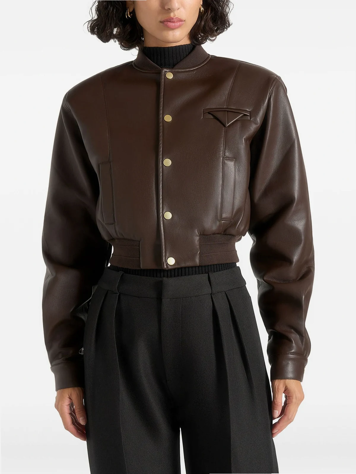 Zina faux-leather wide-shoulder brown bomber jacket