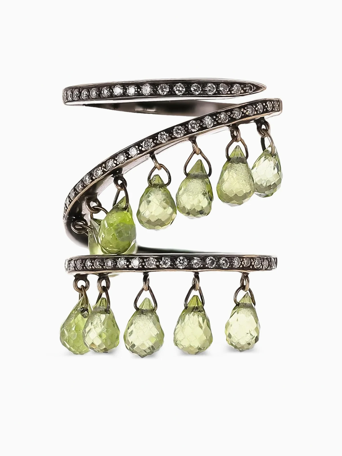 Gewickelter Schwarzgoldring mit Diamanten und Peridot