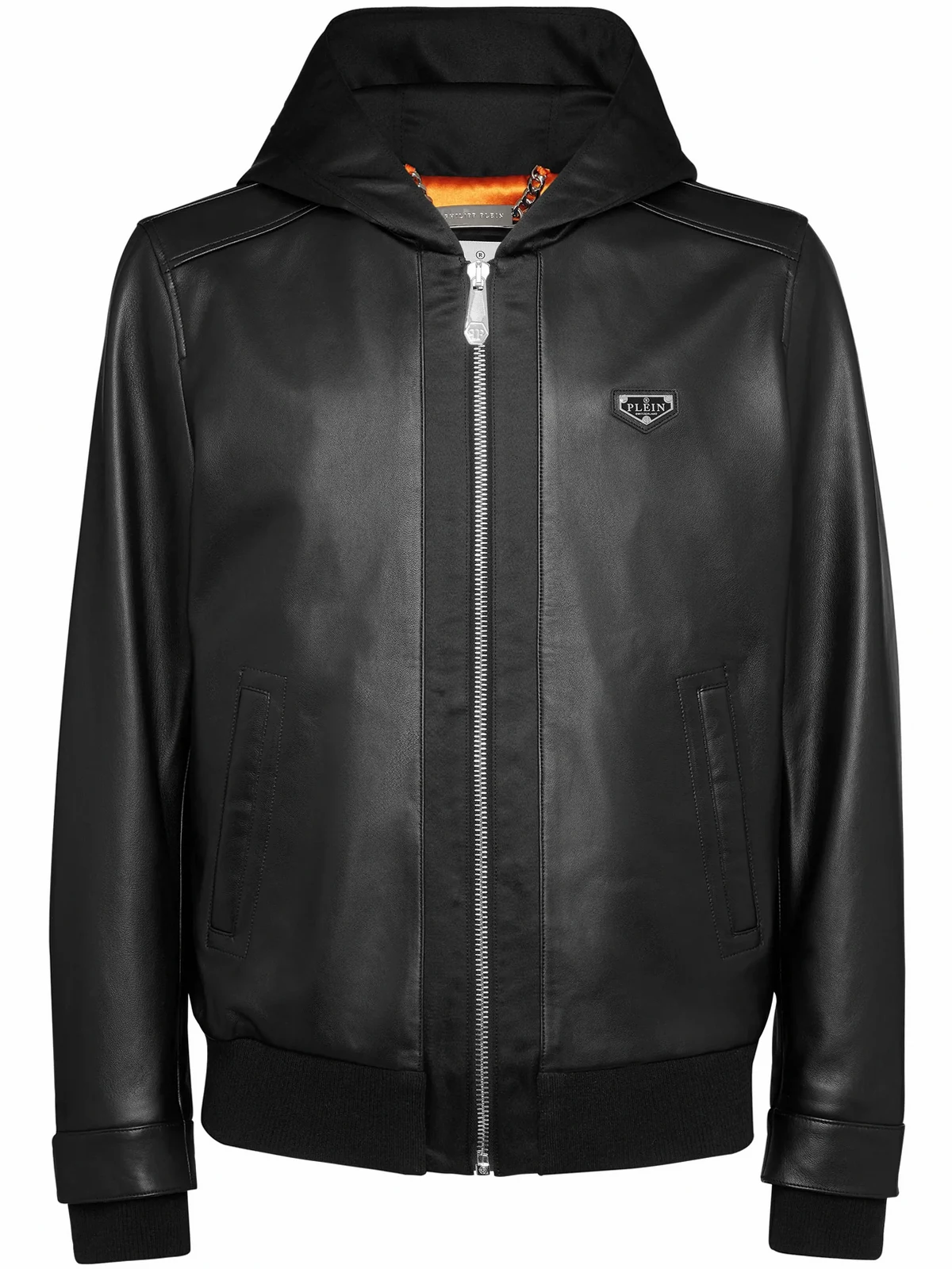 leather hooded bomber jacket