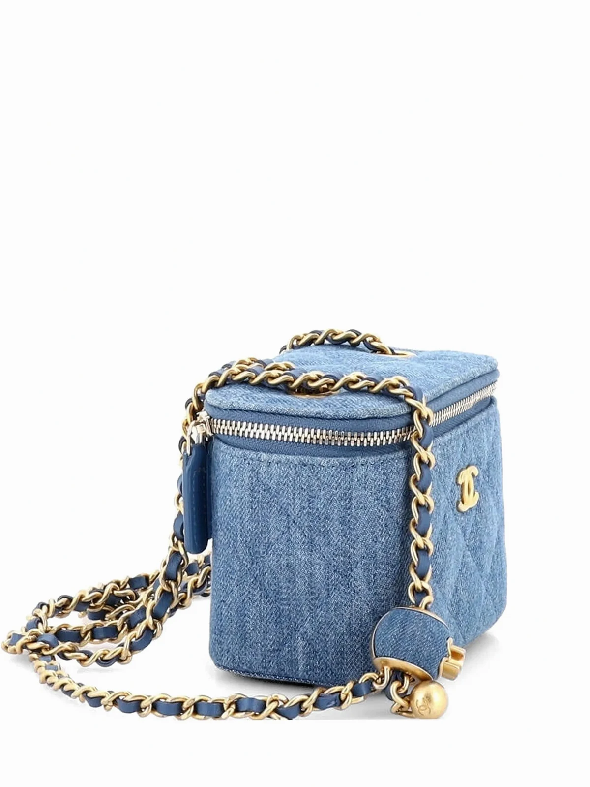Pearl Crush Vanity Case with Chain Quilted Denim Mini clutch bag