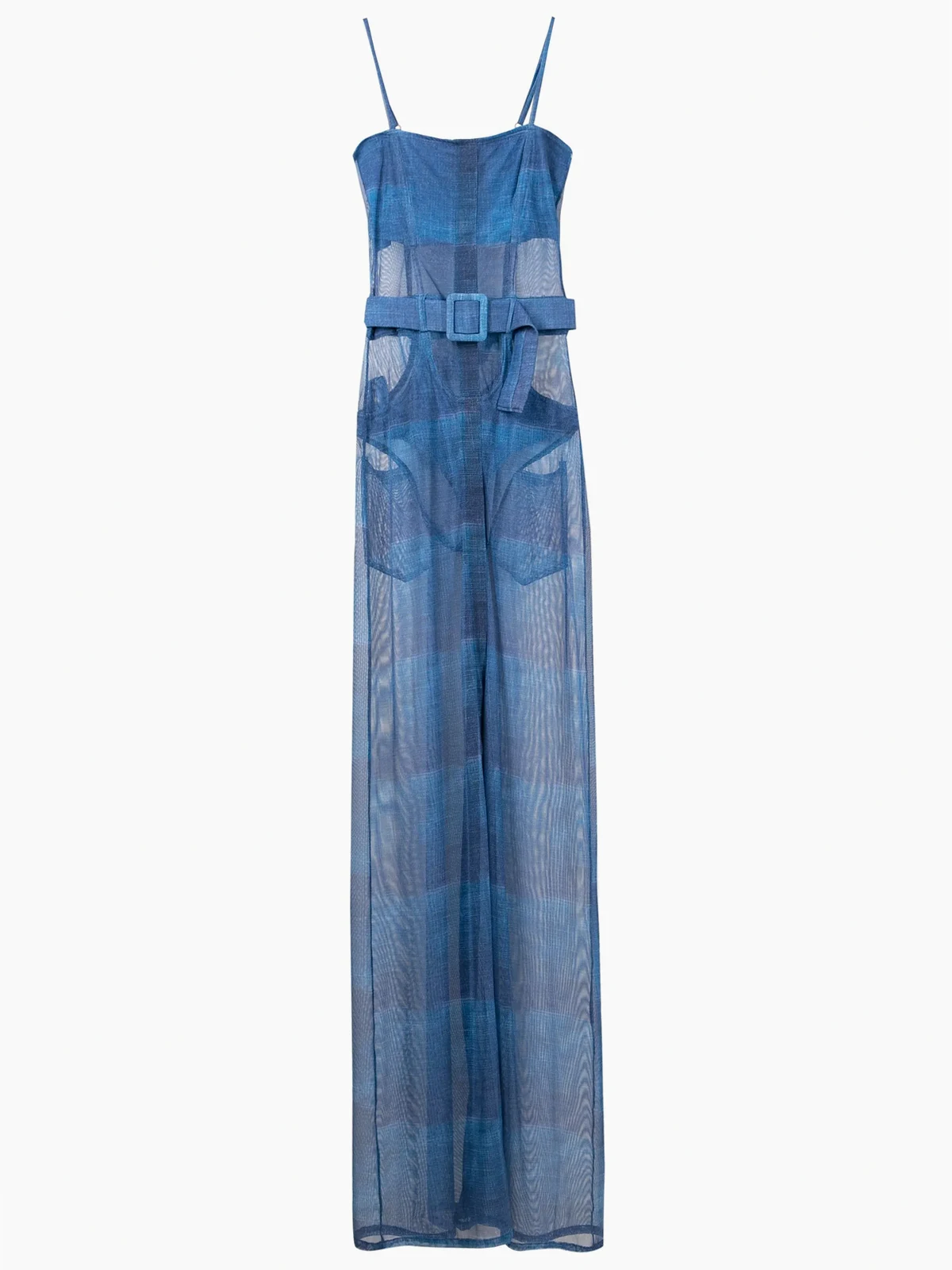 sheer-finish belted-waist maxi dress