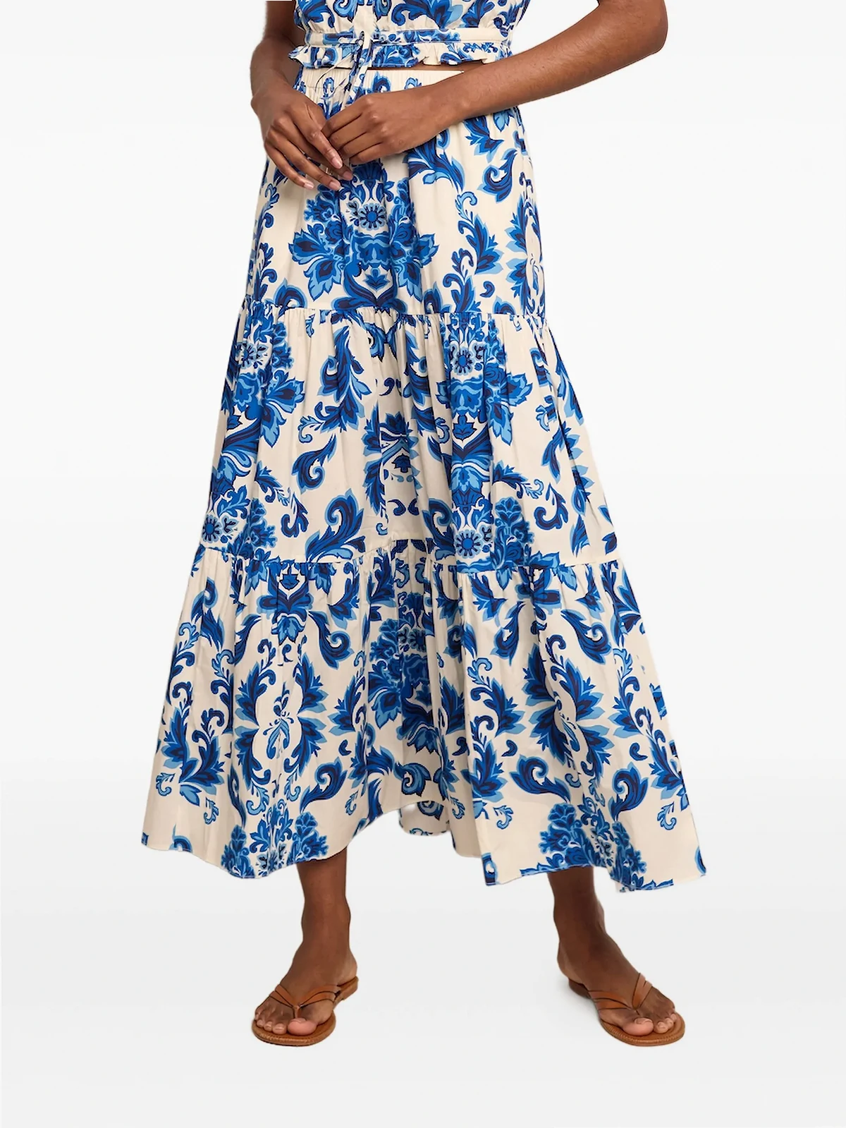 Melanie floral-print tiered midi skirt