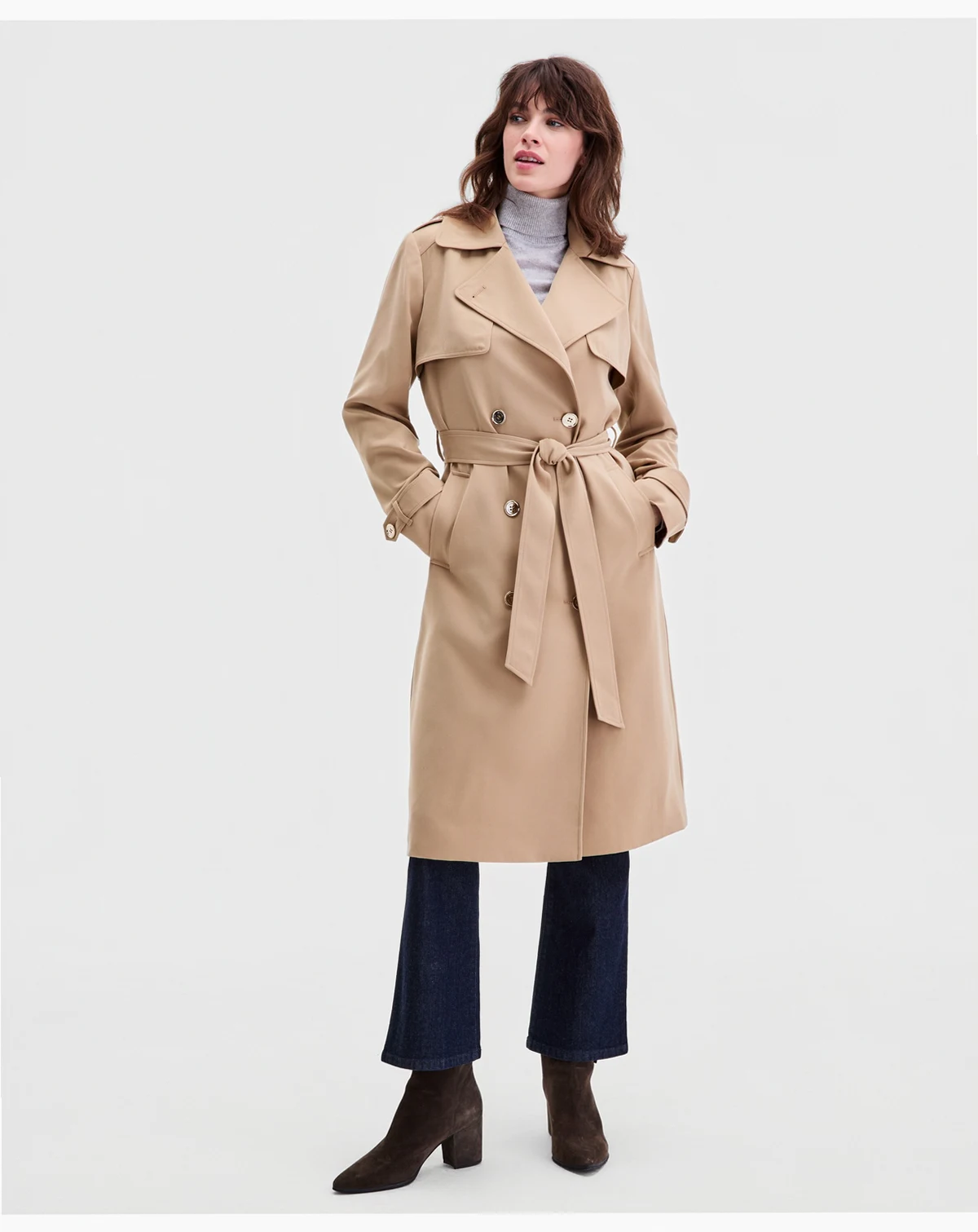 Women's Double-Breasted Belted Crepe Trench Coat