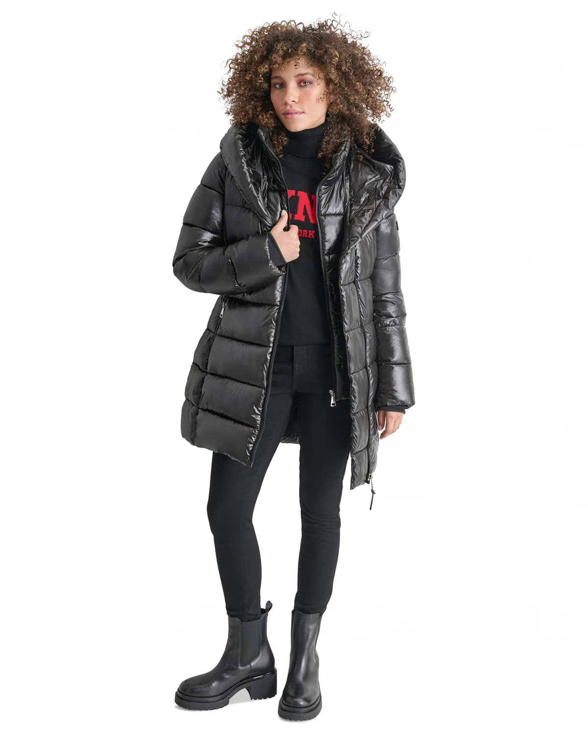 Women's Bibbed Shawl-Collar Packable Shine Puffer Coat