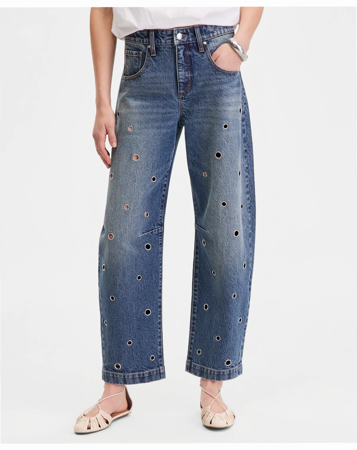 Women's High-Rise Grommet Barrel-Leg Jeans, Macy's Exclusive