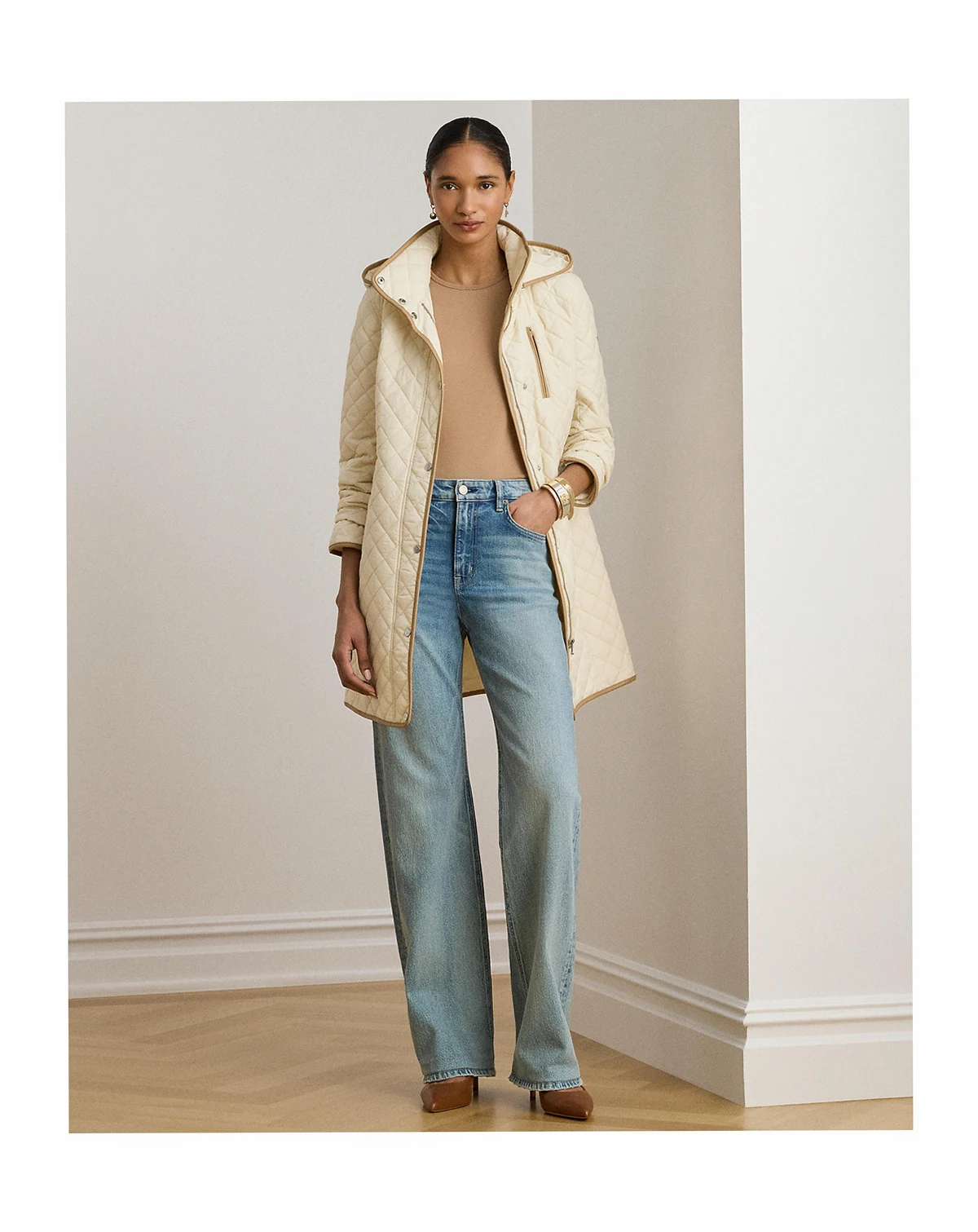 Womens Hooded Quilted Faux-Suede-Trim Coat