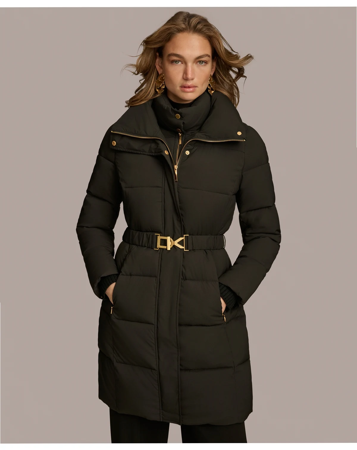 Women's Belted Bibbed Puffer Coat