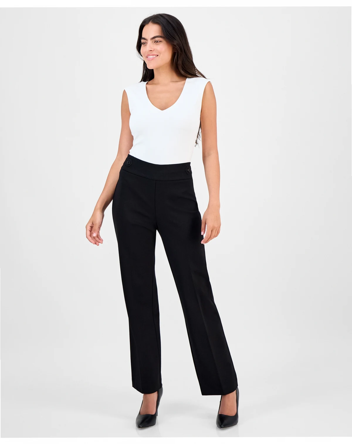 AK Anne Klein Petite Mid-Rise Side-Tab Straight-Leg Pants