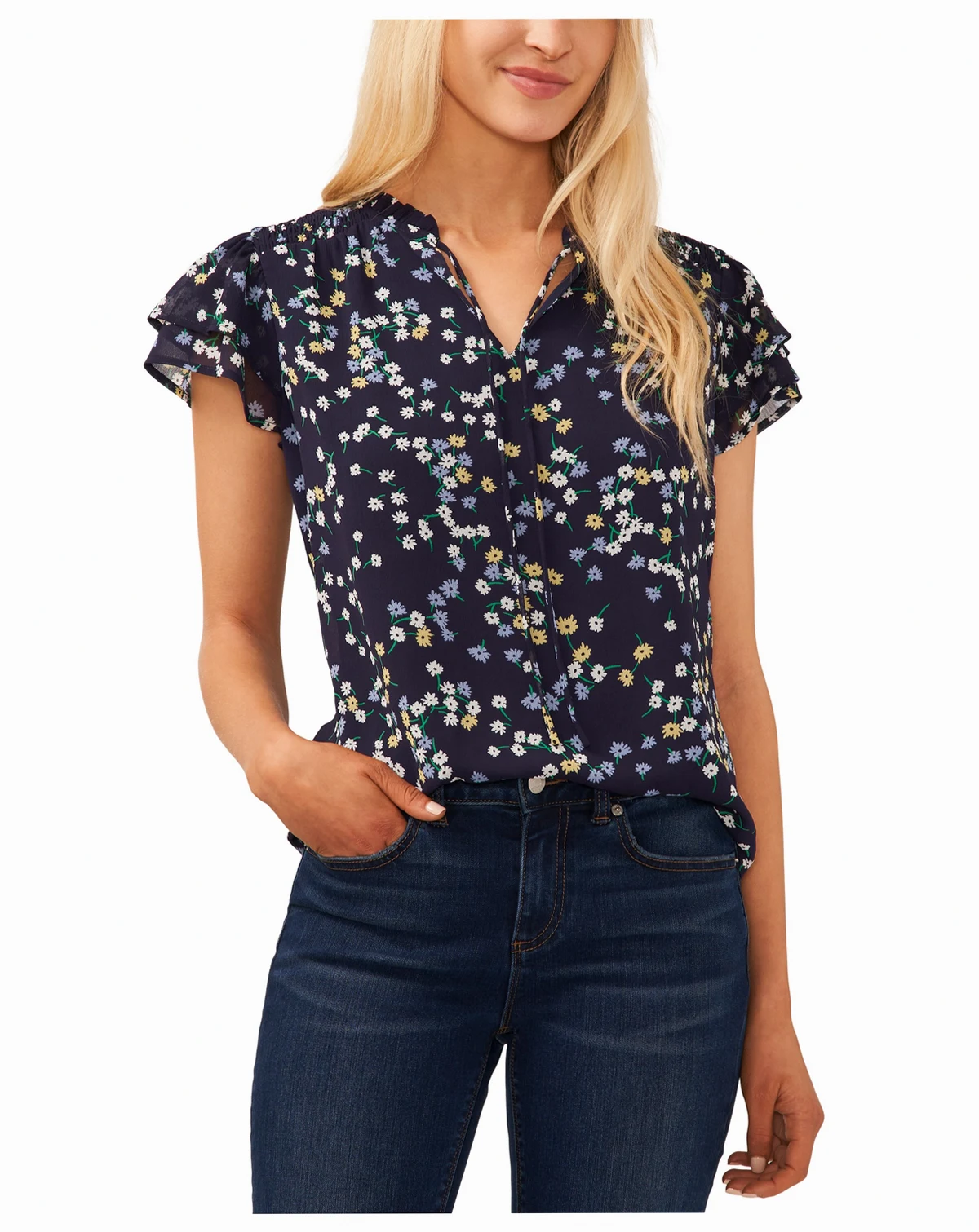 Women's Split-Neck Flutter-Sleeve Printed Blouse