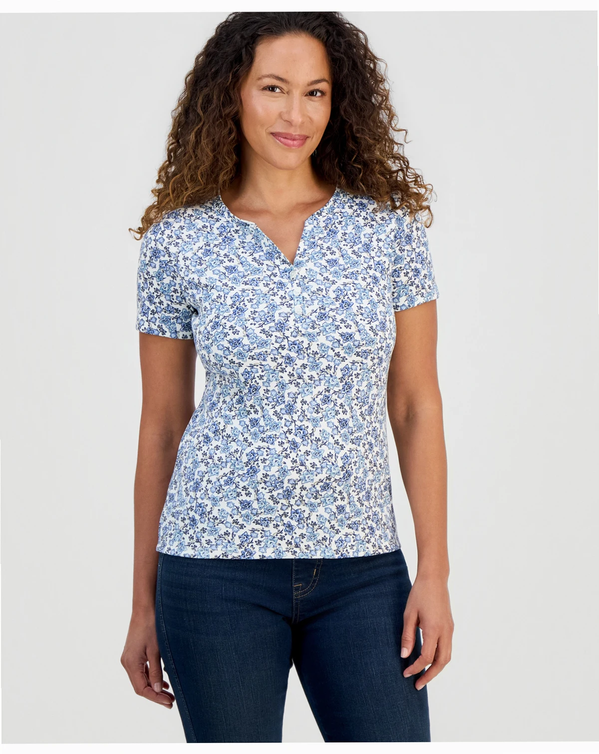Women's Printed Short-Sleeve Henley Top, Exclusively at Macy's
