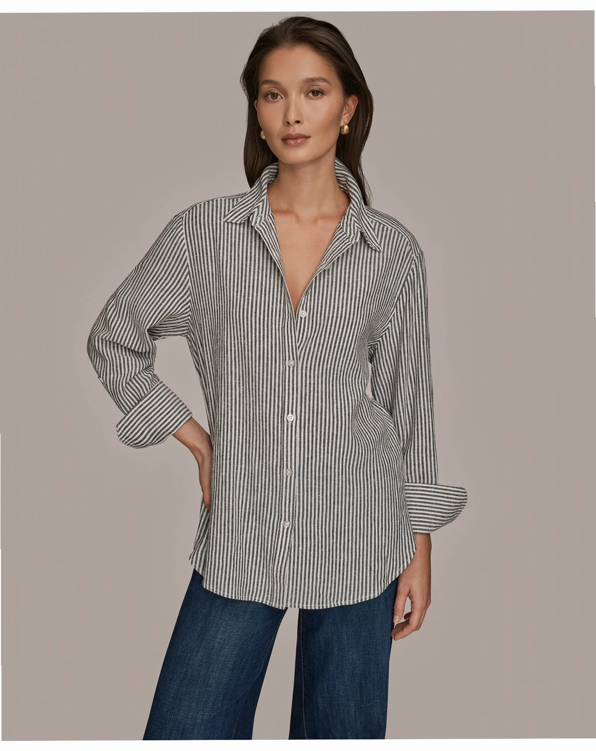 Women's Collared Button Striped Front Shirt