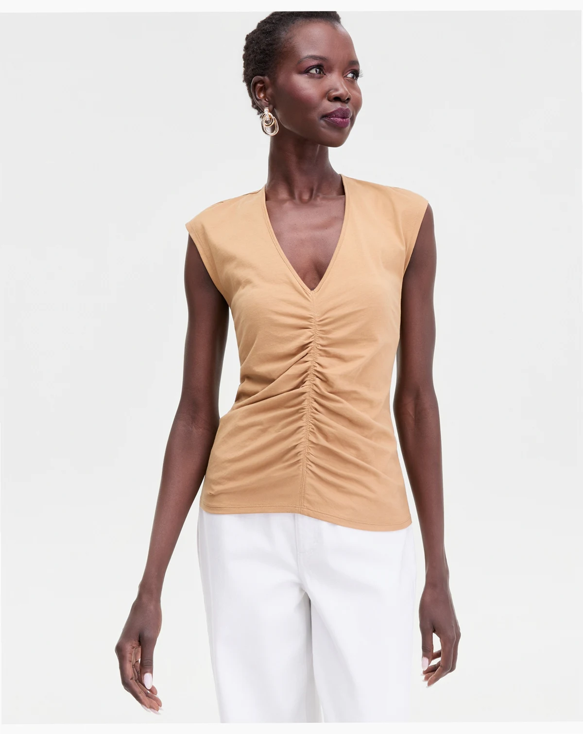 Women's Cap Sleeve Ruched Cotton V-Neck T-Shirt, Macy's Exclusive