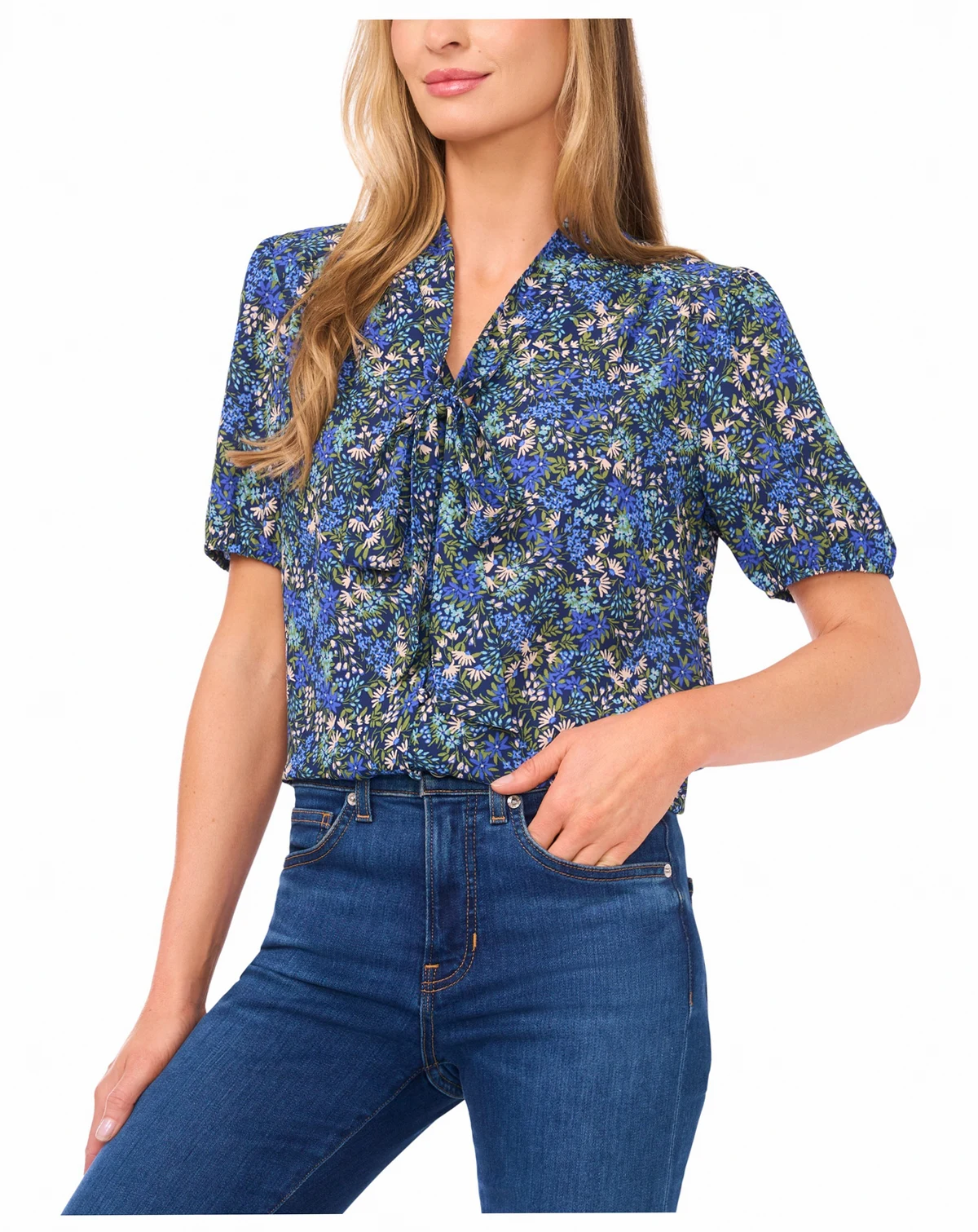 Women's Short-Sleeve Bow Tie Shirred Top