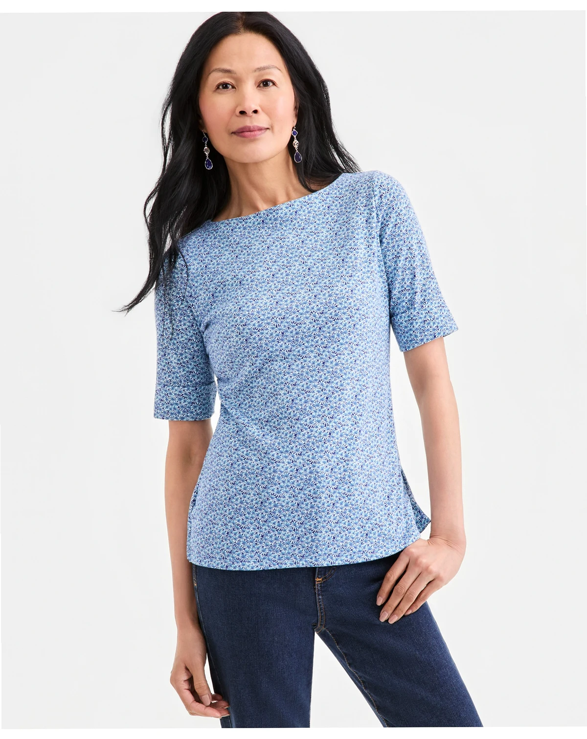 Women's Printed Boat-Neck Elbow-Sleeve Top, Macy's Exclusive