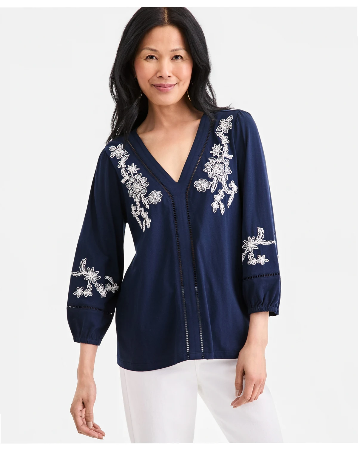 Women's Embroidered V-Neck 3/4-Sleeve Top, Macy's Exclusive