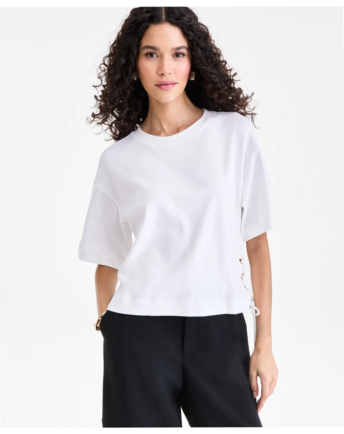 Women's Cotton Lace-Up-Hem T-Shirt, Macy's Exclusive