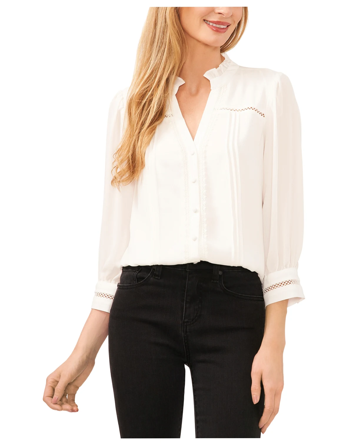 Women's Lace Trimmed Pintuck 3/4-Sleeve Button Front Blouse