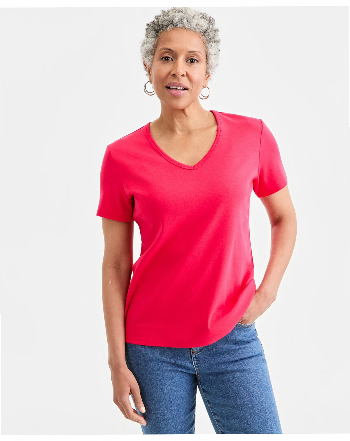 Women's Cotton Short Sleeve V-Neck Top, Exclusively at Macy's