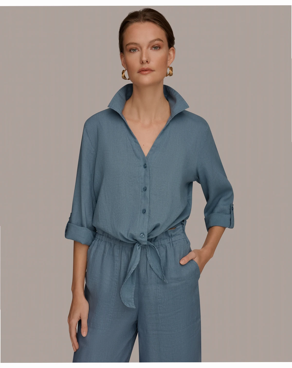 Women's Linen Button-Front Tie Blouse