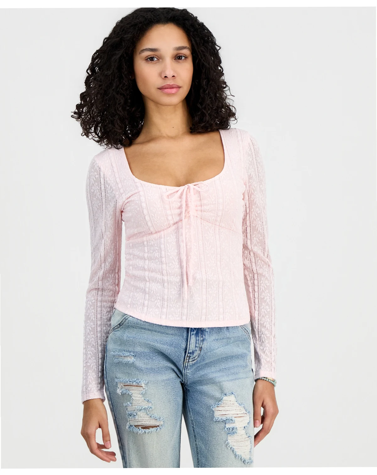Juniors' Lace Textured Long-Sleeve Top
