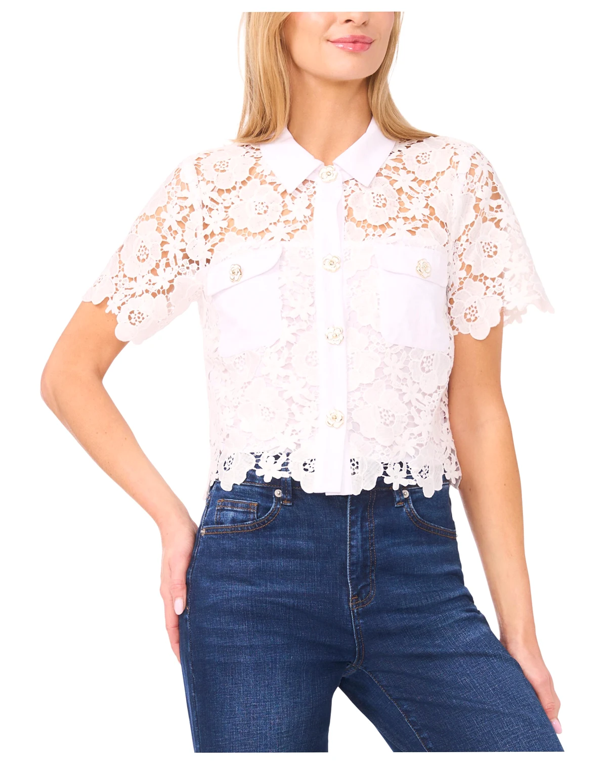 Women's Short-Sleeve Button-Down Lace Top
