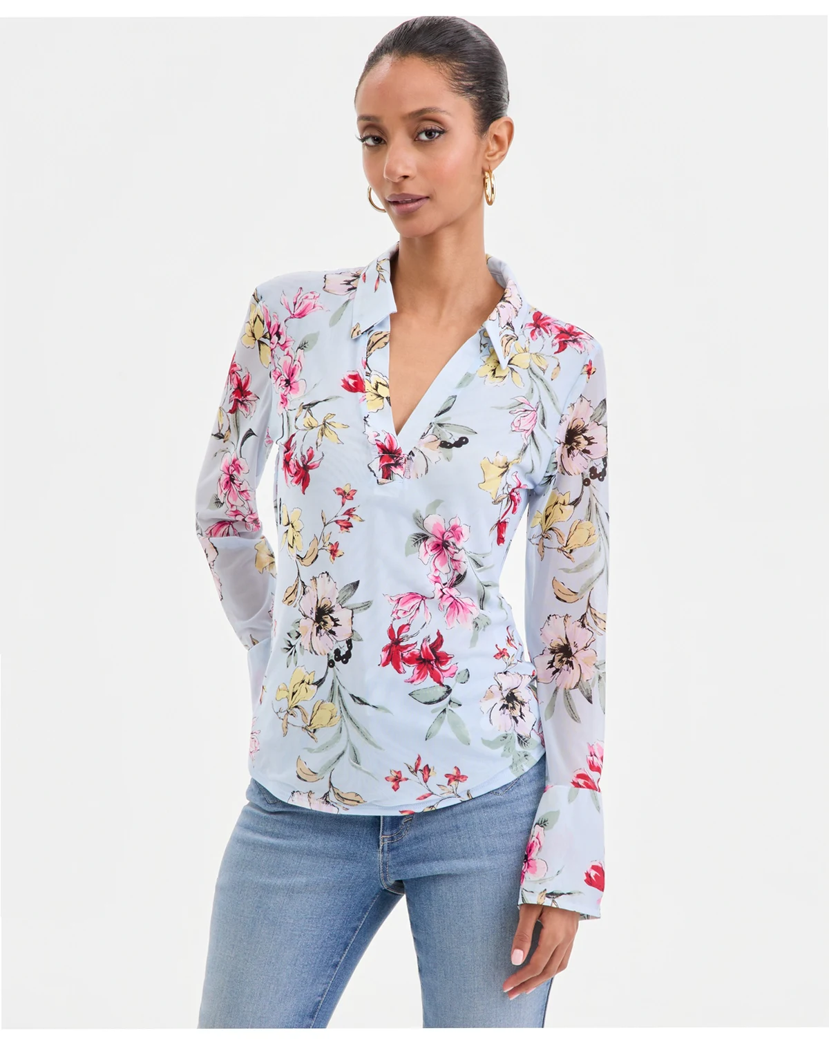 Women's Long-Sleeve Printed Mesh Collared Top, Macy's Exclusive