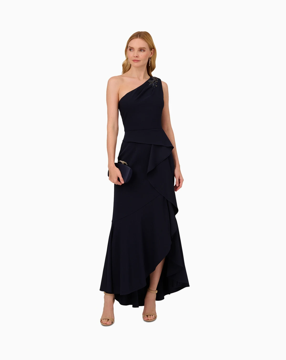Women's Beaded One-Shoulder Crepe Gown