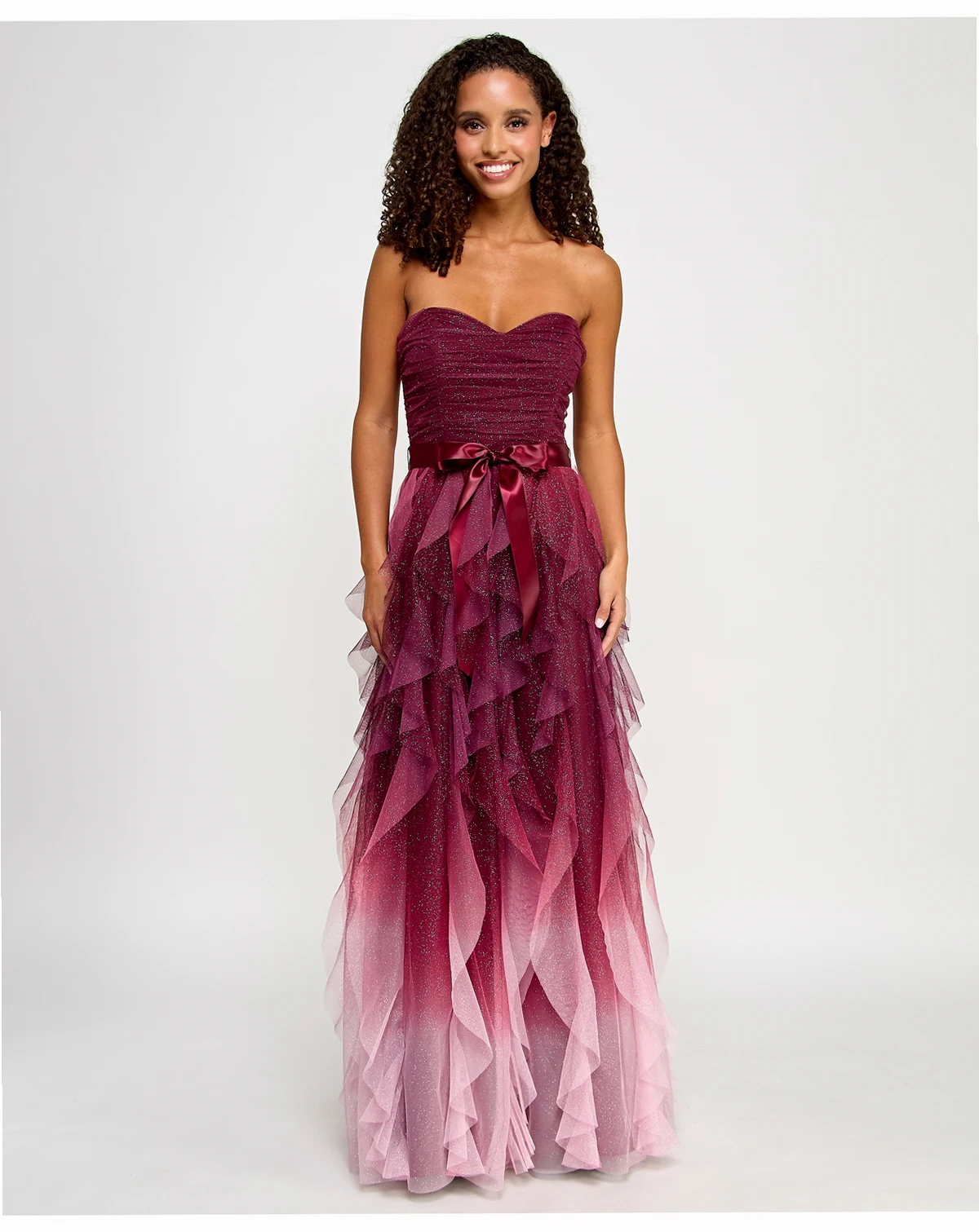 Juniors' Corkscrew-Ruffled Strapless Gown
