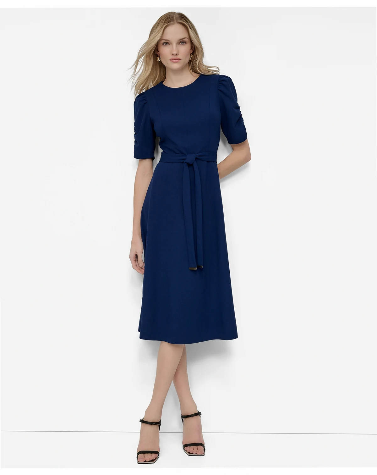 Women's Ruched-Sleeve Belted Fit and Flare Midi Dress
