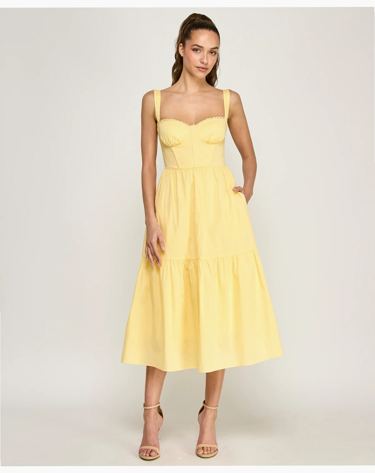 Juniors' Sweetheart Neck Tiered Poplin Midi Dress