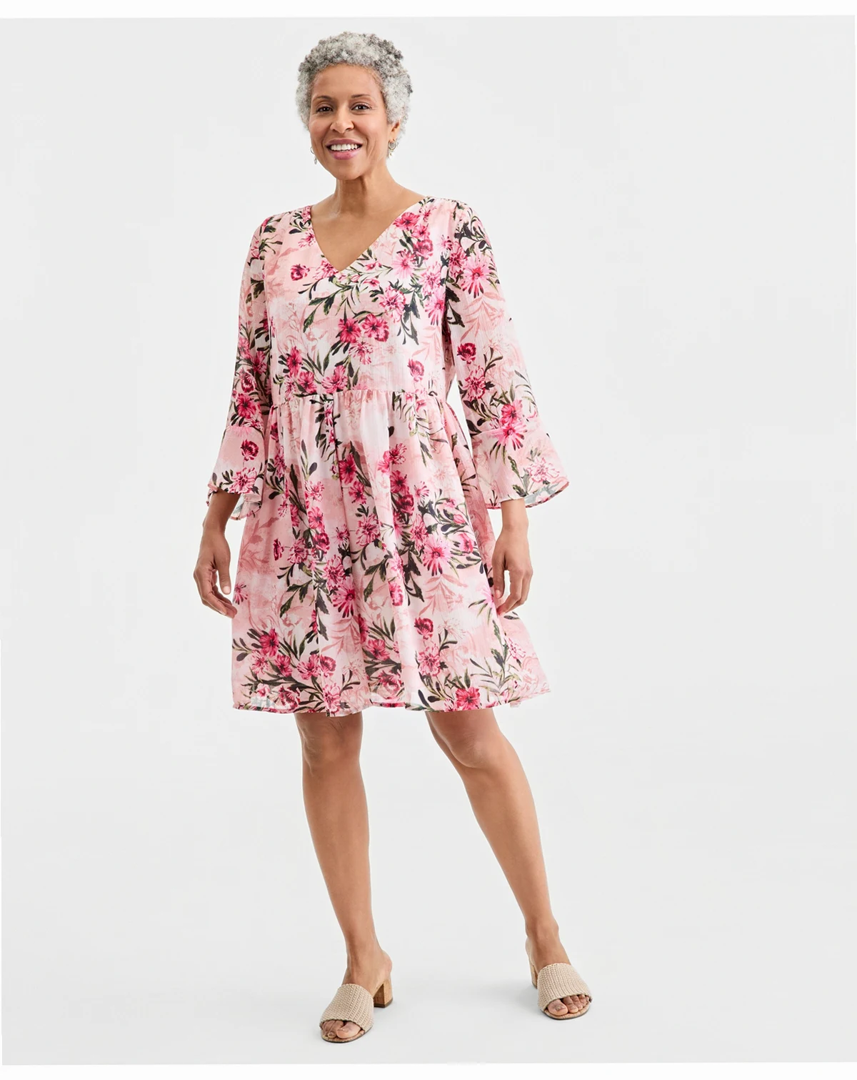 Women's Printed V-Neck 3/4-Sleeve Dress, Macy's Exclusive