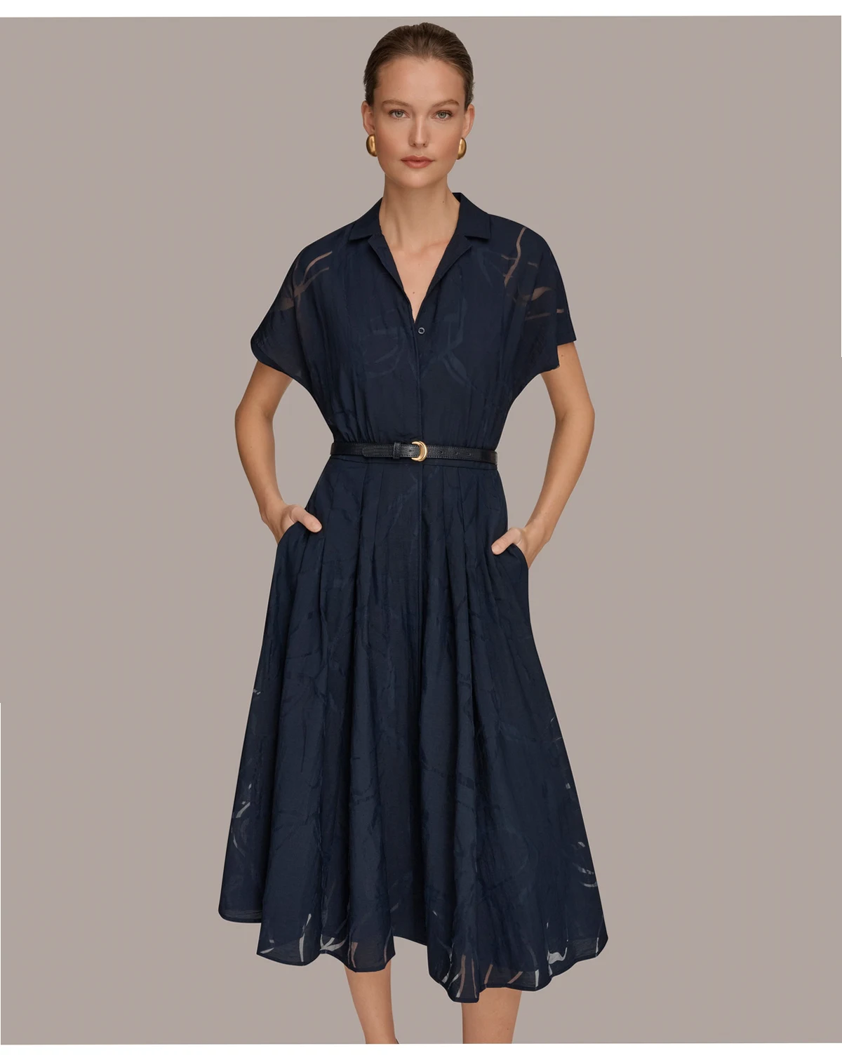 Women's Floral Belted Midi Shirt Dress