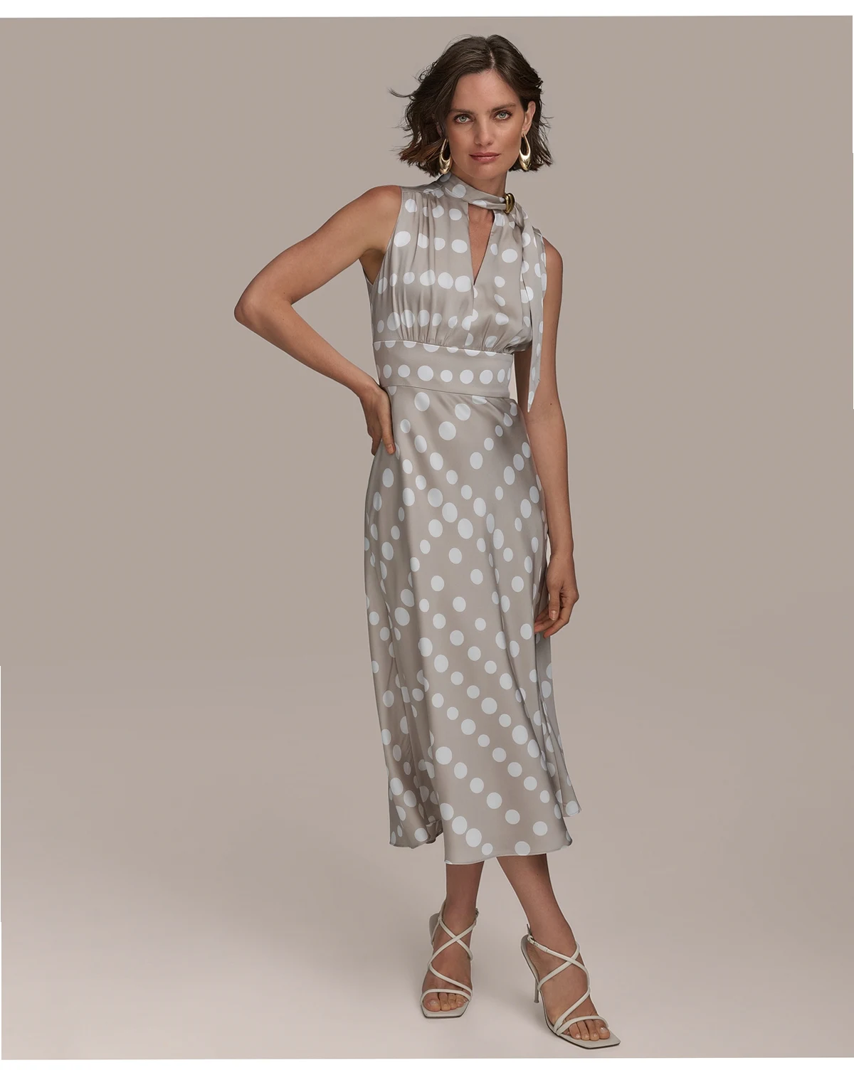 Women's Dot-Print Tie-Neck A-Line Dress